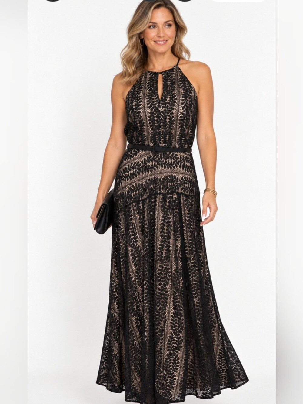 NWT White House Black Market Size 10 Lace Maxi Dress Black Nude Halter WHBM
